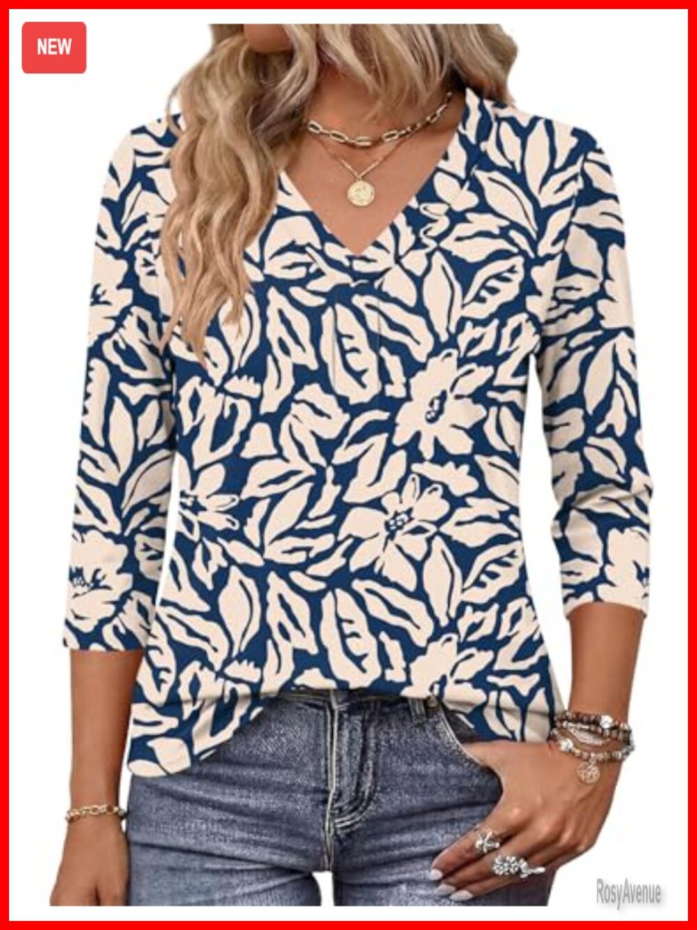 Boho Floral V-Neck 3/4 Sleeve Tunic Blouse Tiered Casual Shirt